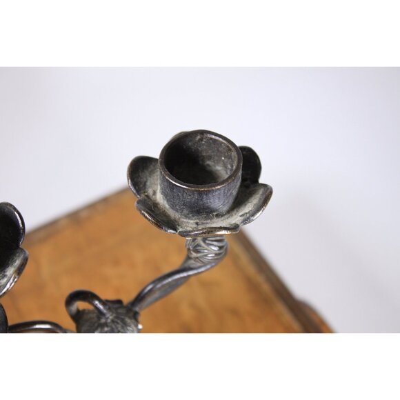 Vintage bronze Japanese candleholder handmade lotus flower candle stick stand - Picture 4 of 4